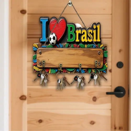 Porta Chaves Rústico de Madeira Personalizado - I Love Brasil ™
