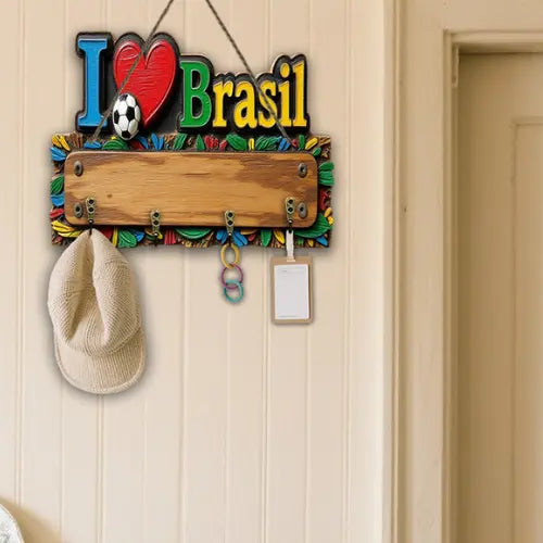 Porta Chaves Rústico de Madeira Personalizado - I Love Brasil ™