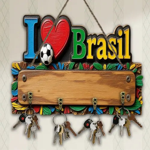 Porta Chaves Rústico de Madeira Personalizado - I Love Brasil ™